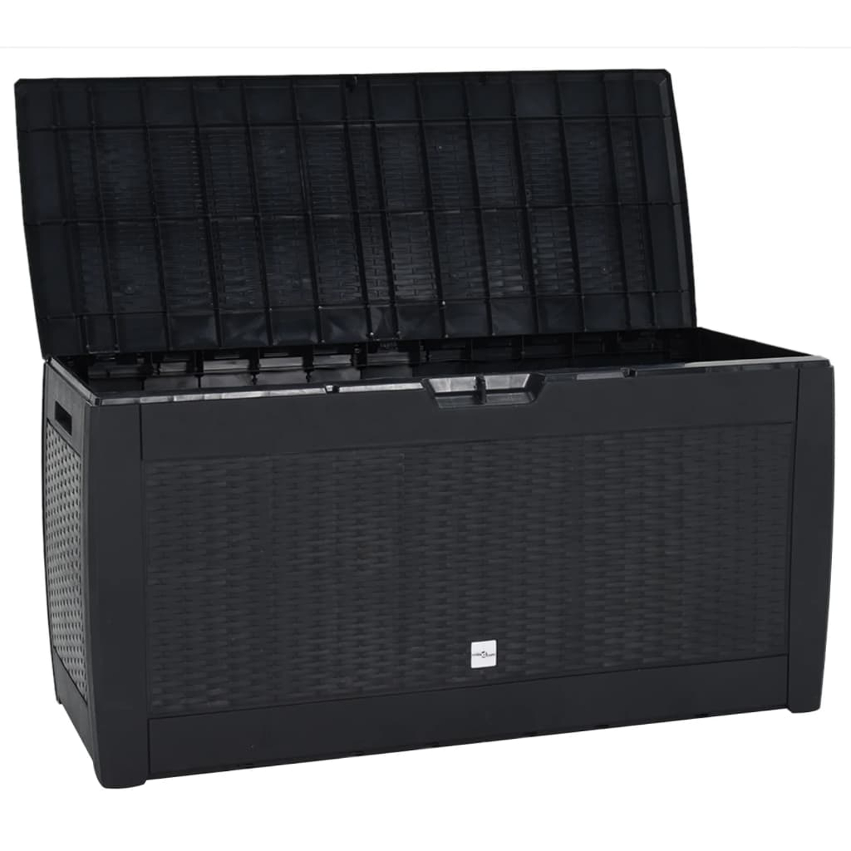Schwarze Outdoor-Aufbewahrungsbox mit offenem Deckel.