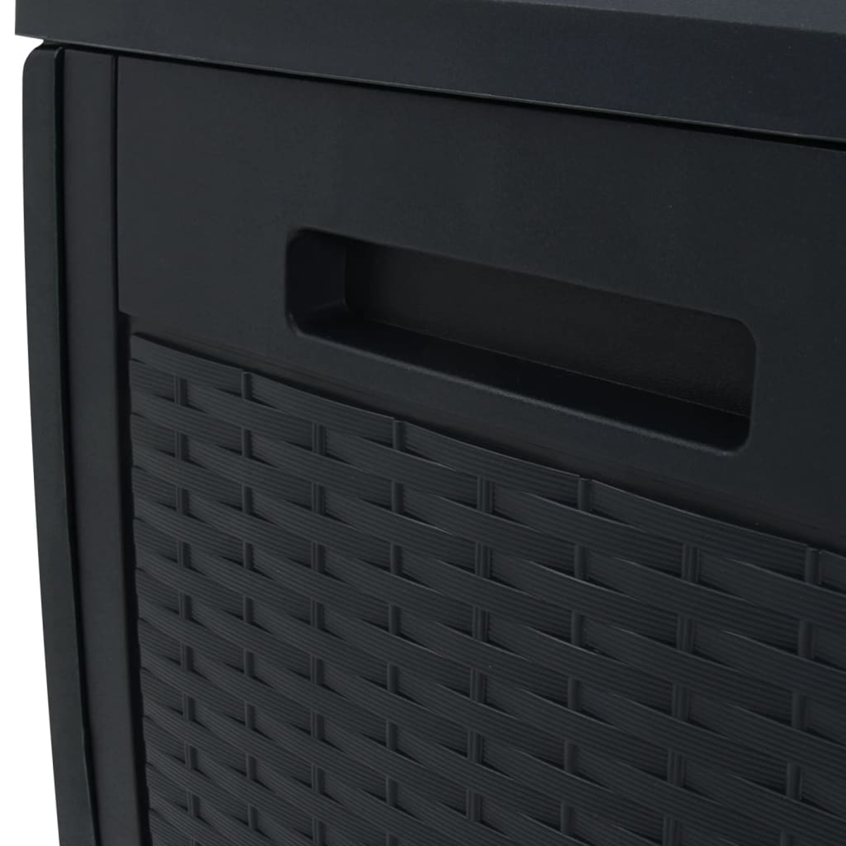 Detail der schwarzen Aufbewahrungsbox: gewebtes Seitenpaneel und Griff.