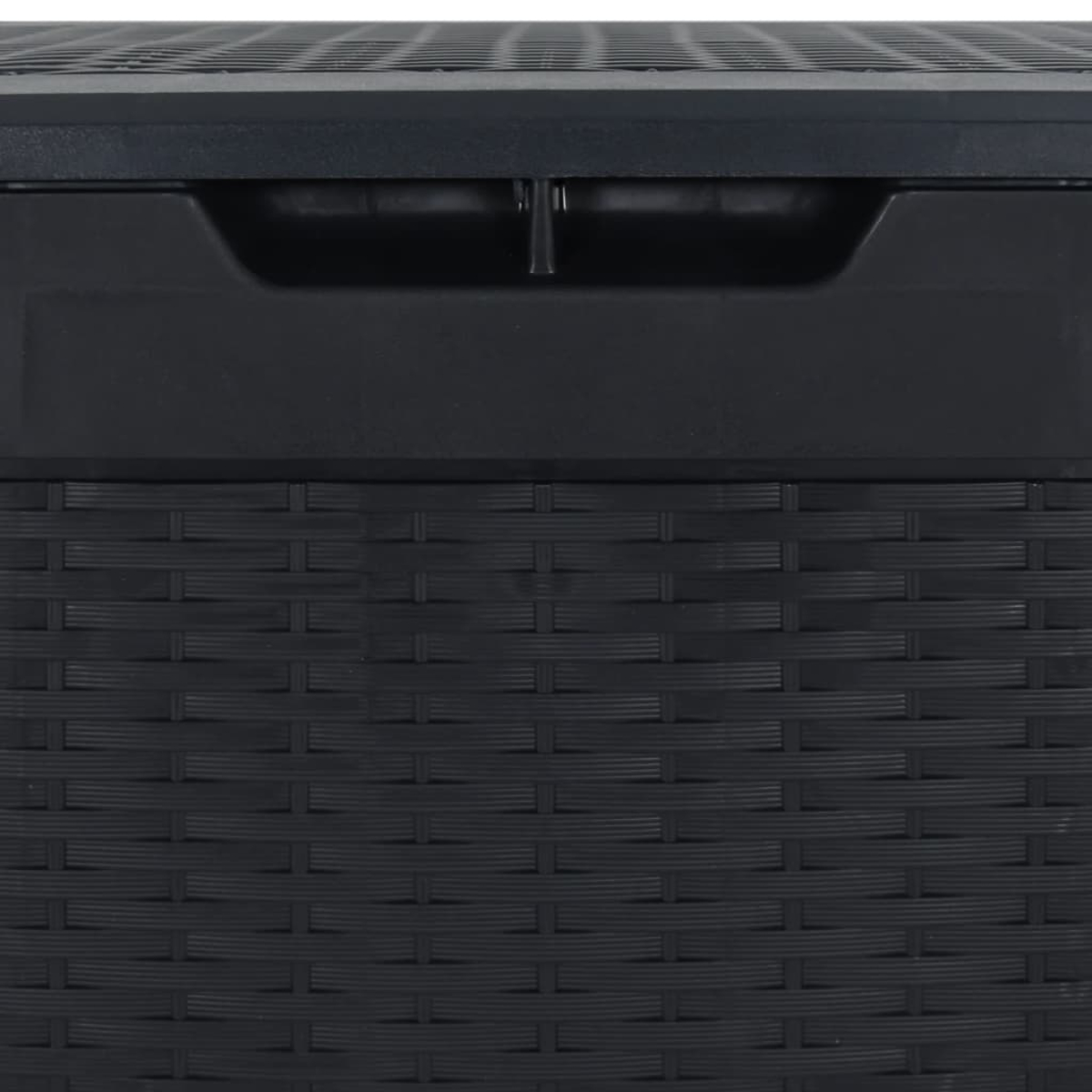 Schwarze Aufbewahrungsbox Detail: strukturierter Deckel mit Griff, gewebte Seite.
