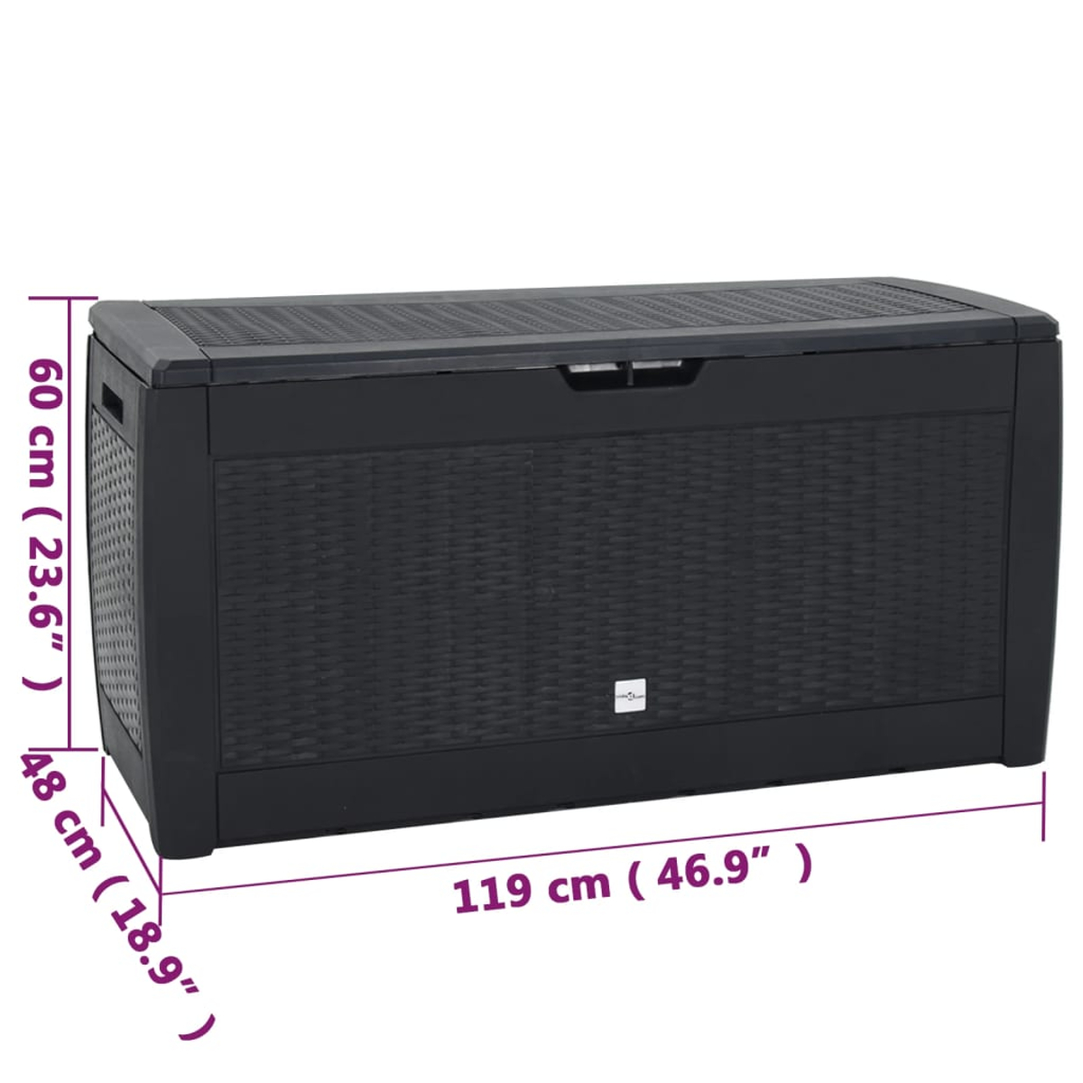 Schwarze Outdoor-Aufbewahrungsbox mit Abmessungen.