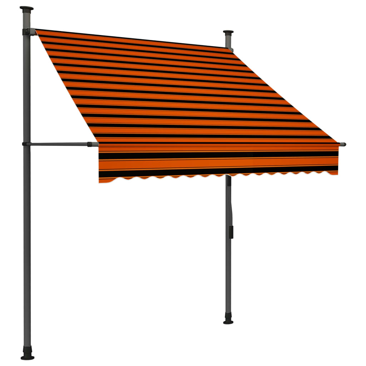 Orange-schwarz gestreifte Markise. Dunkelgraue Stangen und Rahmen. Weißer Hintergrund.