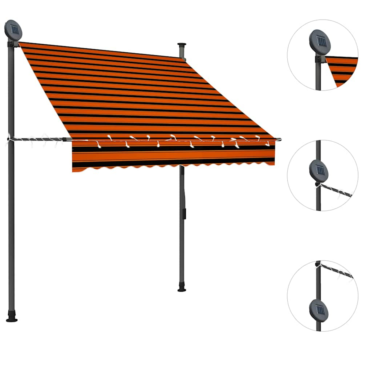 Orange-schwarz gestreifte Markise. Solarpanel, Lichter und Stützstangen sichtbar.