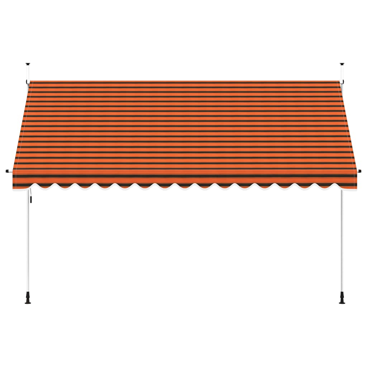 Orange und schwarz gestreifte Markise. Weißer Rahmen und Stützen. Weißer Hintergrund.