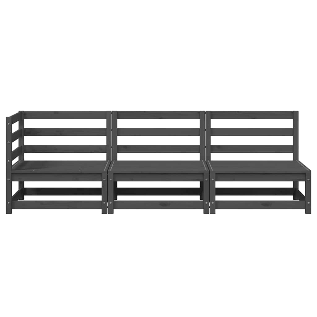 Ein hölzernes Set aus drei Bänken. Die Bänke sind dunkelgrau mit Lattenlehnen und Sitzen.