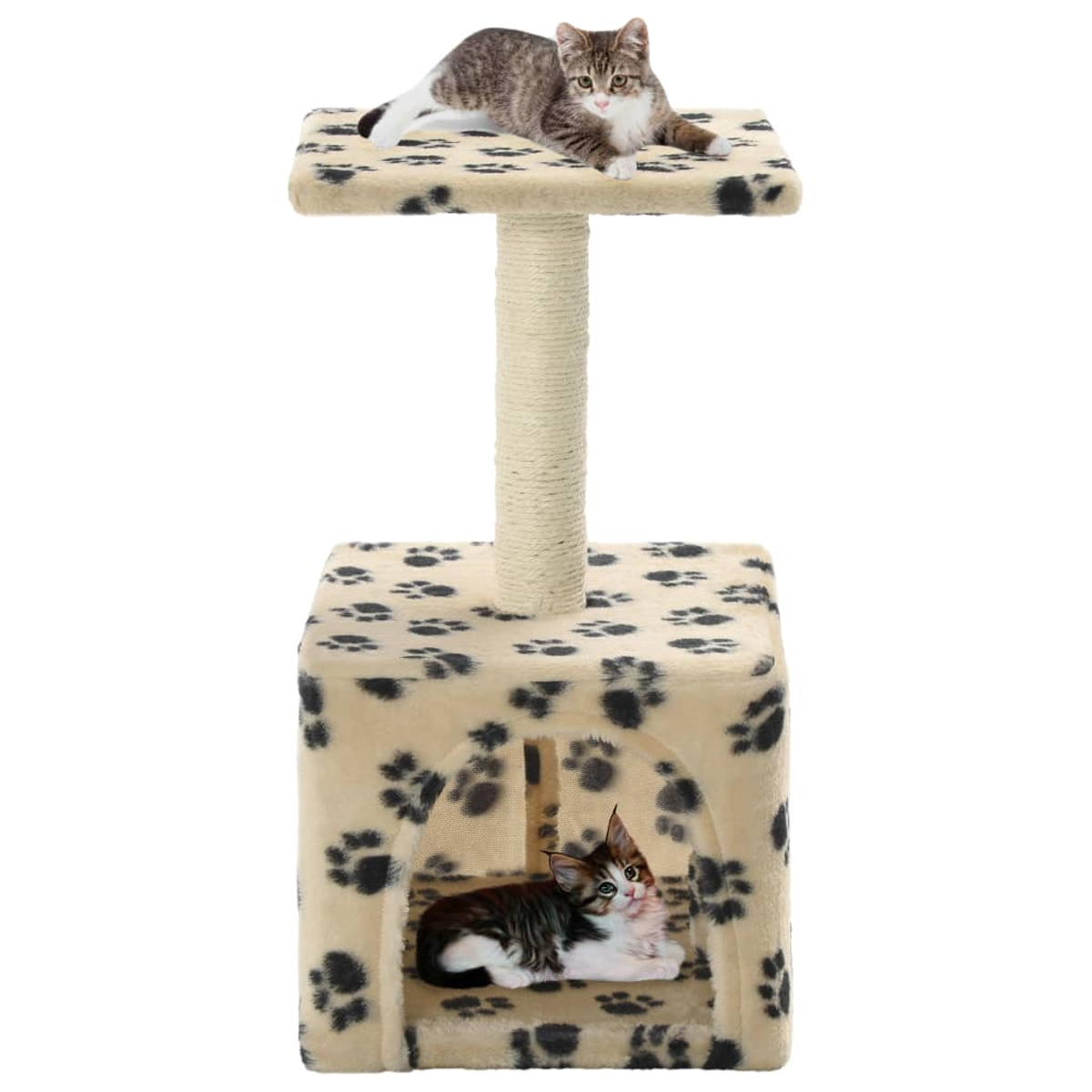 Katzenturm mit zwei Katzen. Eine Katze oben, eine in der Höhle. Beige mit schwarzen Pfotenabdrücken.