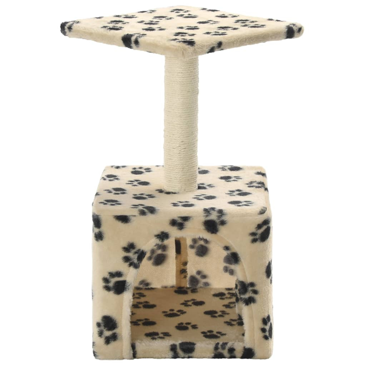 Katzenturm mit quadratischer Basis und Oberseite, beige mit schwarzen Pfotenabdrücken und Kratzpfosten.