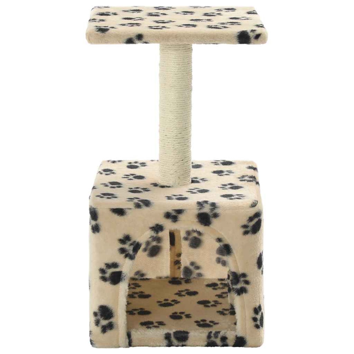 Katzenturm mit quadratischer Basis und Oberseite, beige mit schwarzen Pfotenabdrücken und Kratzpfosten.