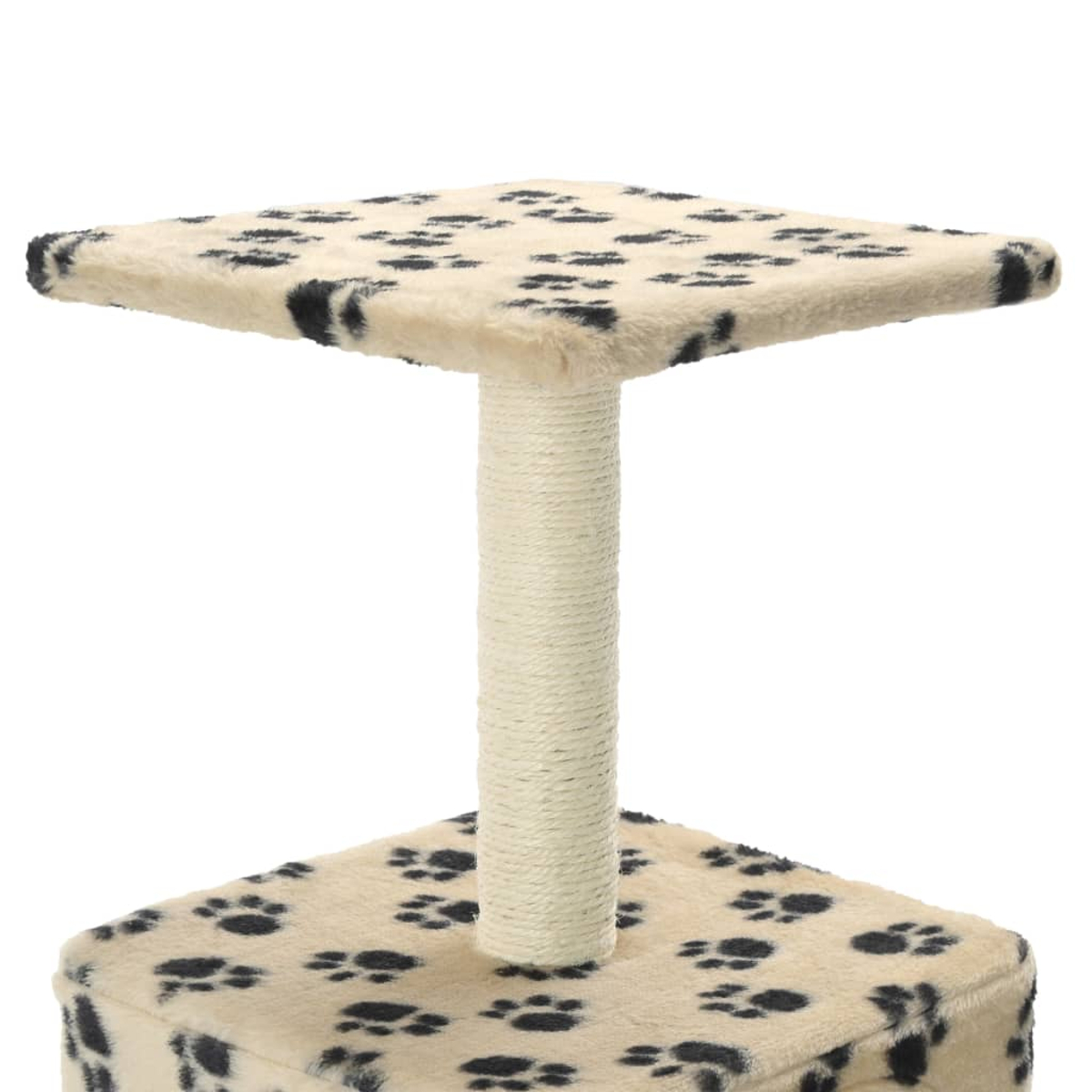 Katzenturm mit quadratischer Oberseite, beige mit schwarzen Pfotenabdrücken und Kratzpfosten.