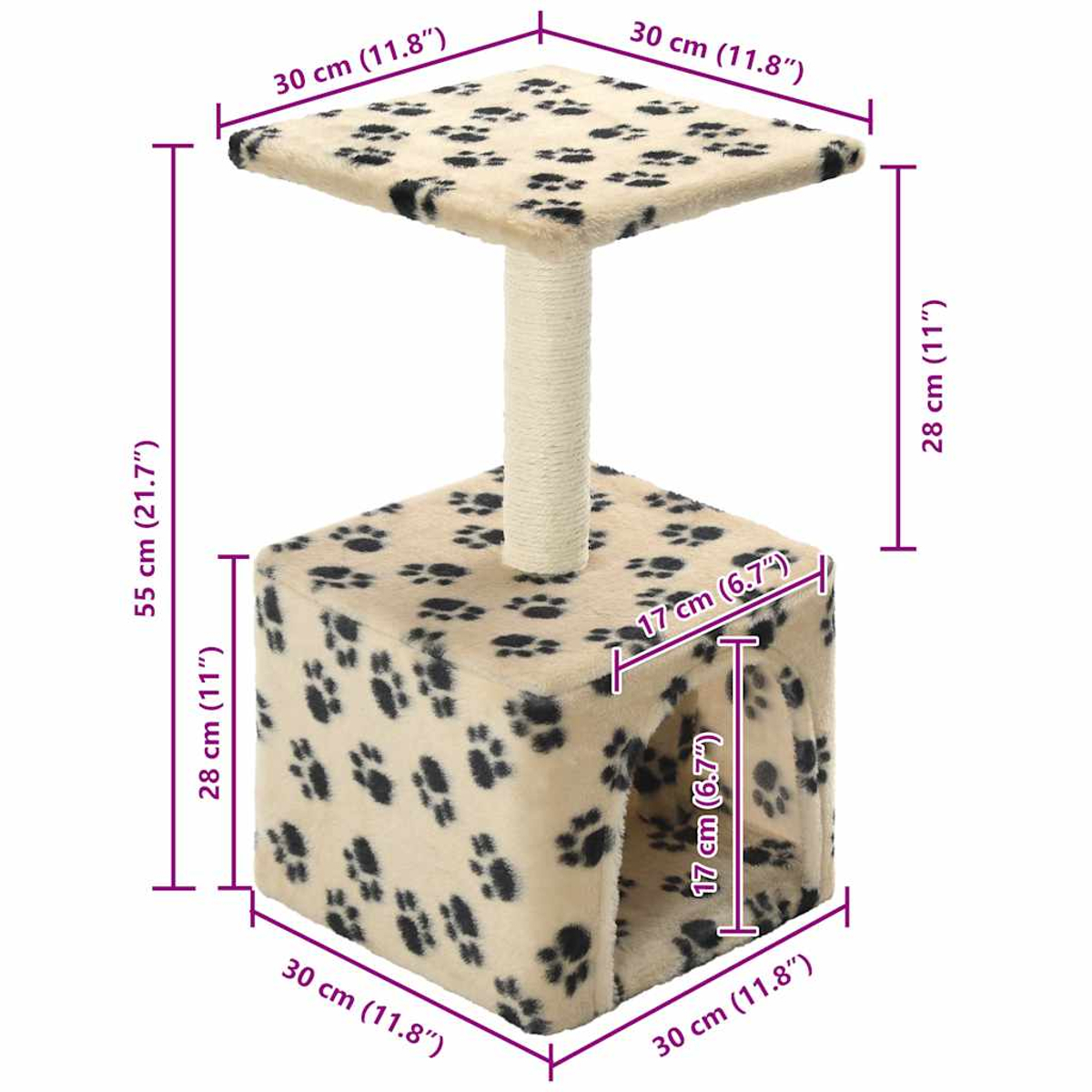 Katzenturm mit quadratischer Basis und Oberteil, beige mit schwarzen Pfotenabdrücken. Mit Maßen.