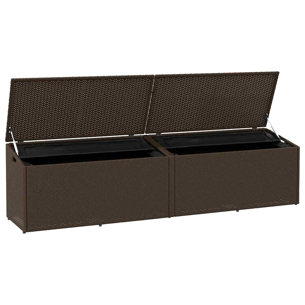 Zwei braune Aufbewahrungsboxen aus Weide nebeneinander, mit geöffneten Deckeln.
