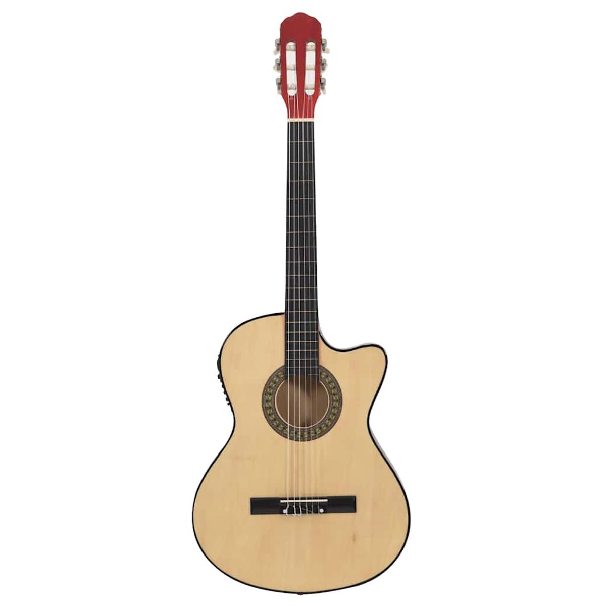 Eine Gitarre mit hellem Holzkörper, roter Kopfplatte und schwarzen Saiten ist in der Vorderansicht zu sehen.