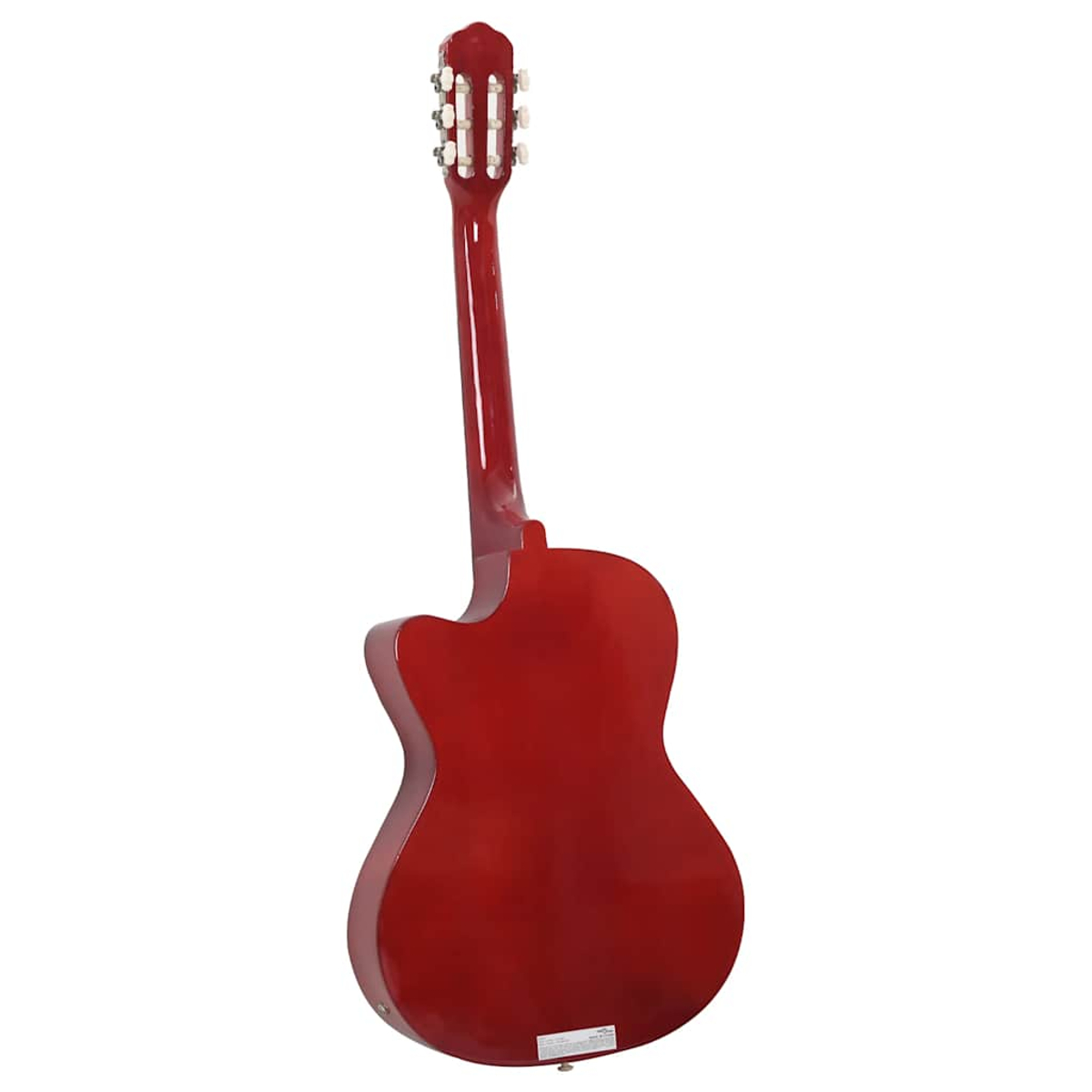 Rückansicht einer roten Akustikgitarre. Hals und Korpus sind rot, was die Form der Gitarre zeigt.