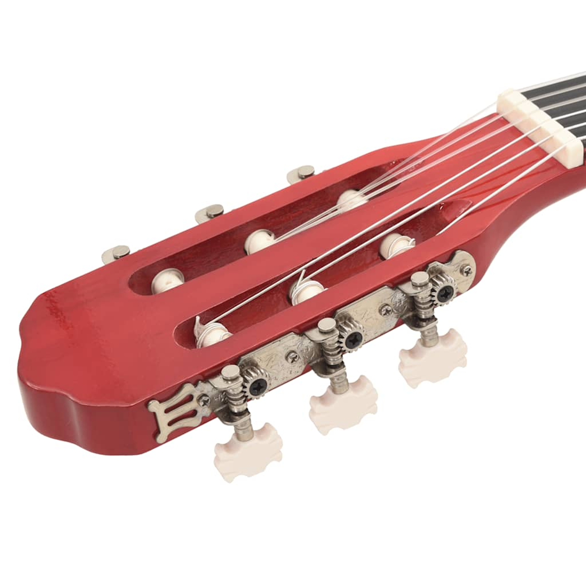 Nahaufnahme einer roten Gitarrenkopfplatte mit Stimmwirbeln. Saiten und weiße Stimmwirbel sind sichtbar.