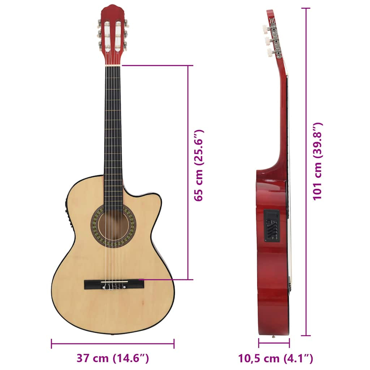 Klassische Gitarre mit angegebenen Abmessungen.