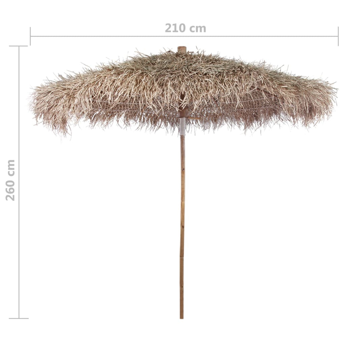Ein großer Strohschirm, Abmessungen werden gezeigt, mit Holzstange.