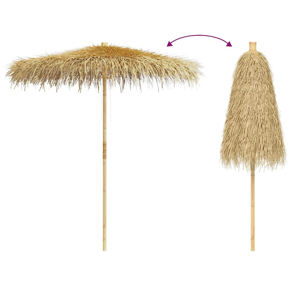 Strohschirm, geöffnet und gefaltet gezeigt. Der Holzpfahl ist sichtbar.