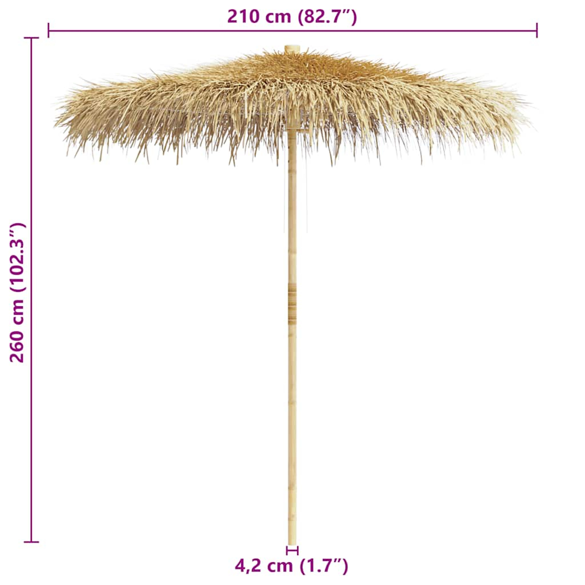 Ein großer Strohschirm, Abmessungen werden gezeigt, mit Holzstange.