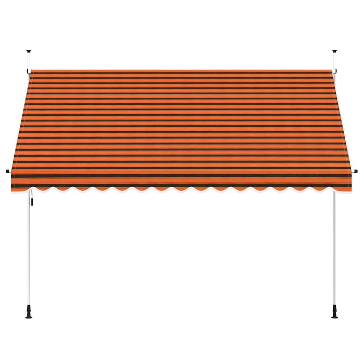 Eine orangefarbene und schwarz gestreifte Markise mit gewelltem Rand und Stützstangen.