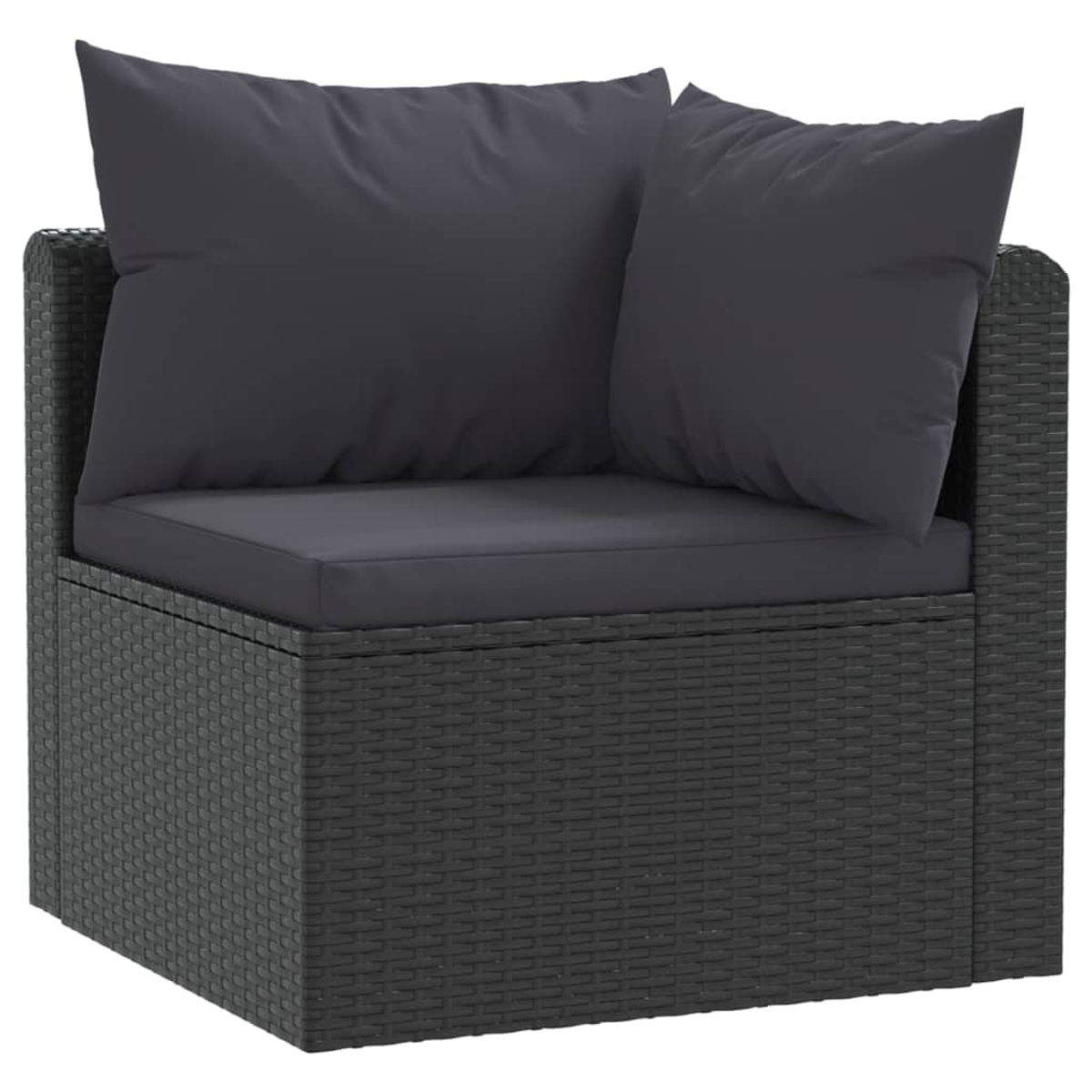 Dunkelgraues Ecksofa mit Kissen. Gewebtes Design. Weißer Hintergrund.