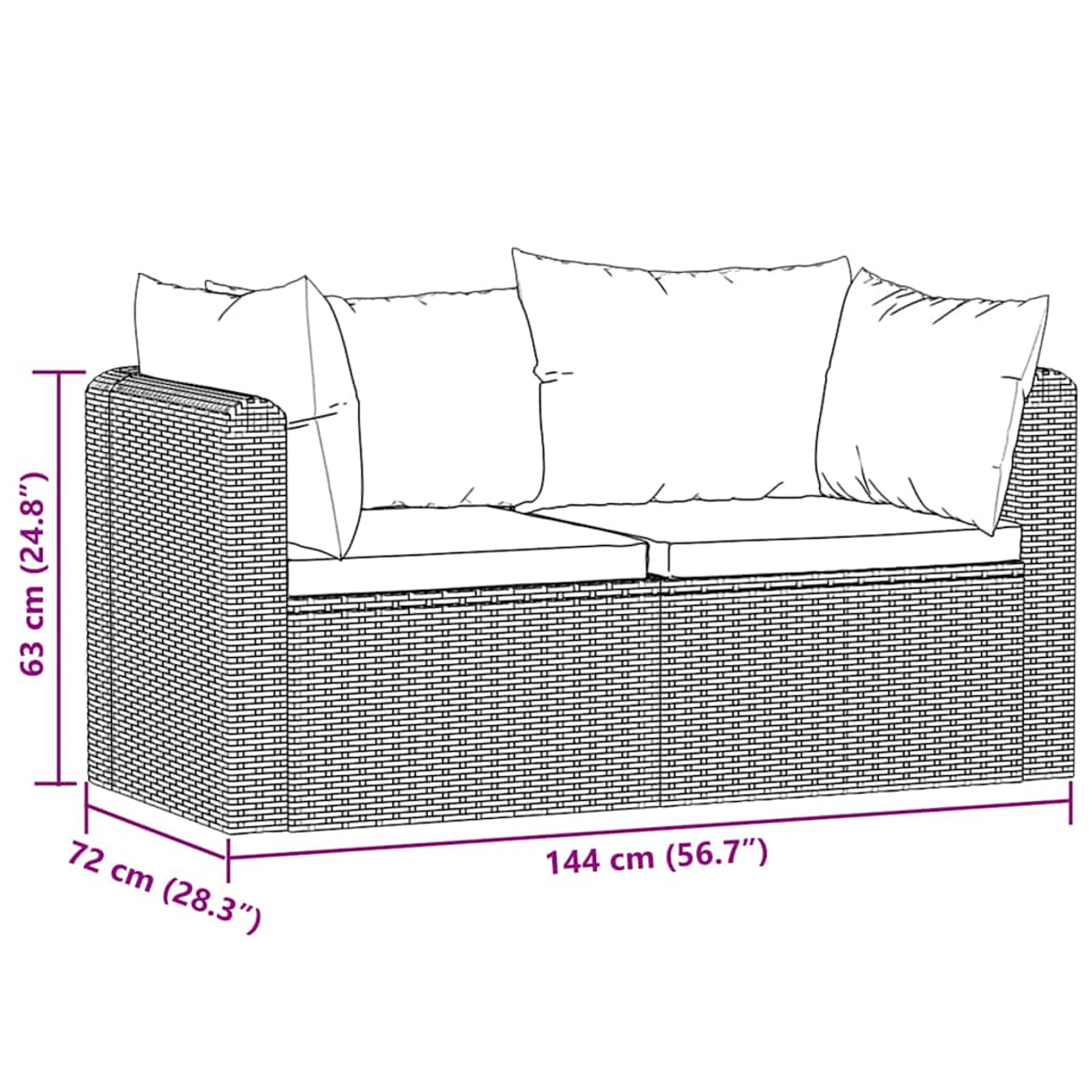 Diagramm eines grauen Korbmöbel-Sofas, mit Abmessungen in cm und Zoll.