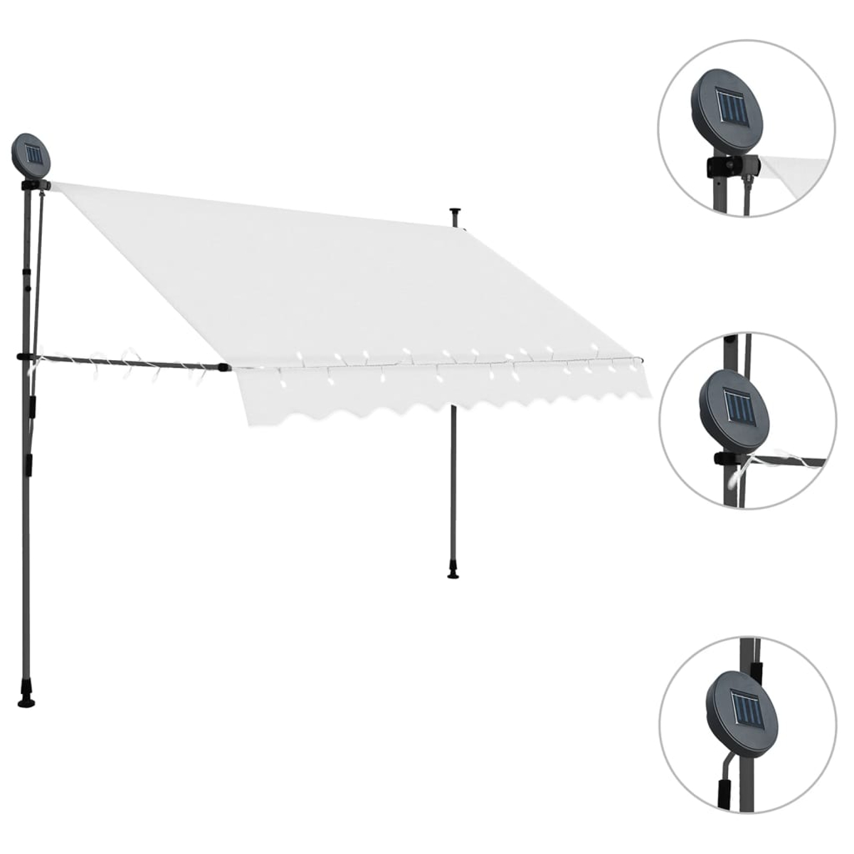 Eine weiße Markise mit Solarleuchten und einem Stützrahmen. Nahaufnahmen der Lichter. Isoliert.