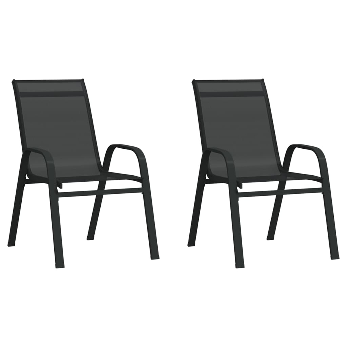 Zwei schwarze Stühle für draußen, Vorderansicht, Armlehnen, Netzsitz und Rücken.
