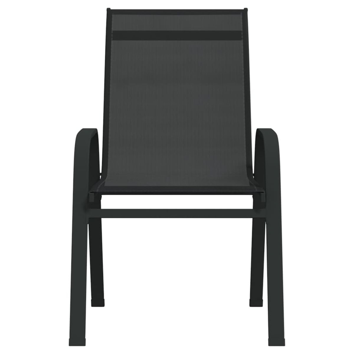 Schwarzer Stuhl für draußen, Vorderansicht. Netzrücken und -sitz, Armlehnen.