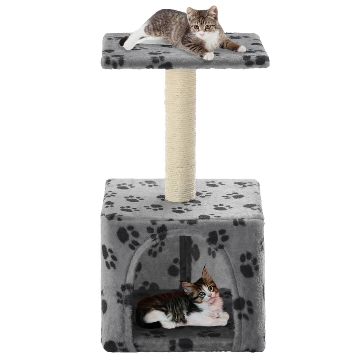 Grauer Katzenbaum mit oberer Sitzfläche und Höhle, mit zwei ruhenden Katzen.