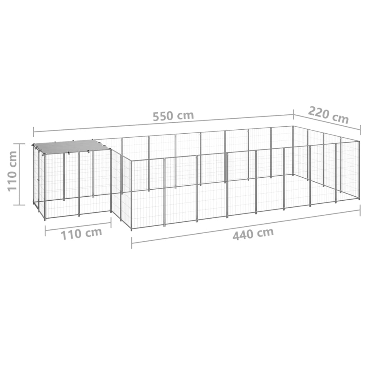 Hunde-Außenkennel mit beschrifteten Maßen, grau und Drahtgitter.