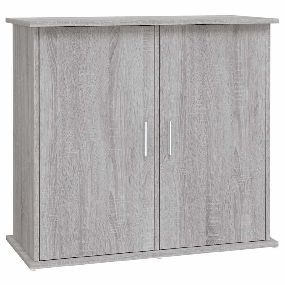 Grauer Holzschrank mit zwei Türen und silbernen Griffen, schlichtes Design.
