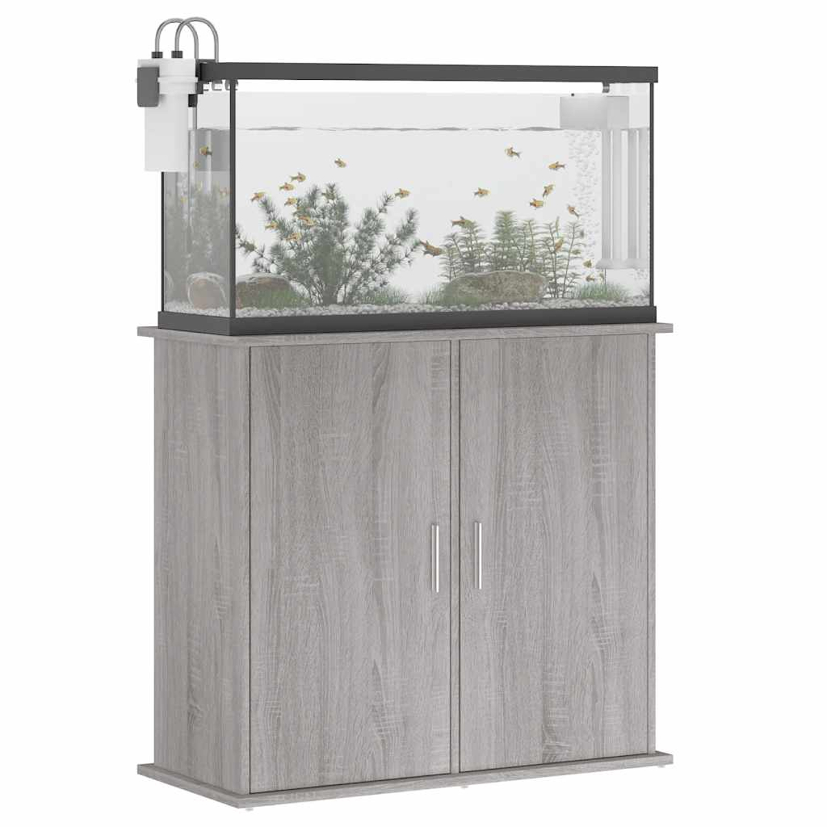 Aquarium auf grauem Schrank, Fische drin, modernes Setup, heller Hintergrund.
