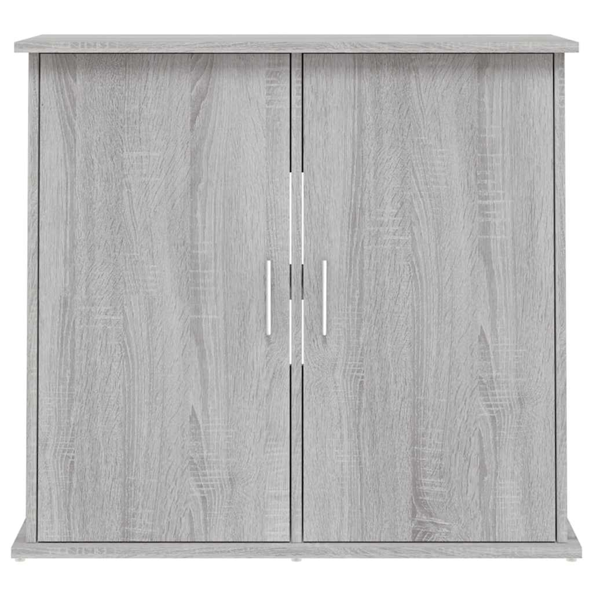 Grauer Schrank mit zwei Türen und vertikalen Griffen. Die Oberfläche hat ein Holzmaserungsmuster.