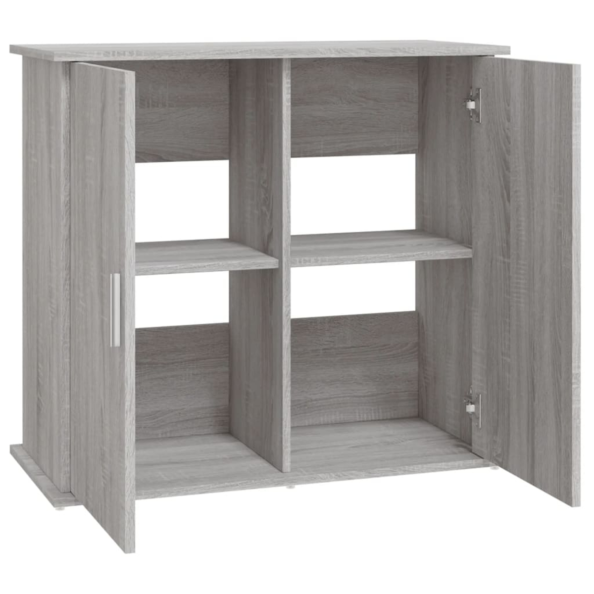 Ein grauer Holzschrank mit geöffneten Türen, die Regale zeigen.