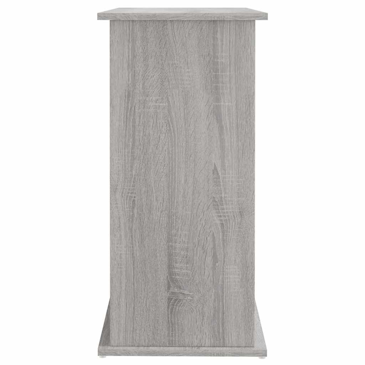 Seitenansicht eines hohen grauen Schranks. Die Oberfläche hat ein Holzmaserungsmuster.