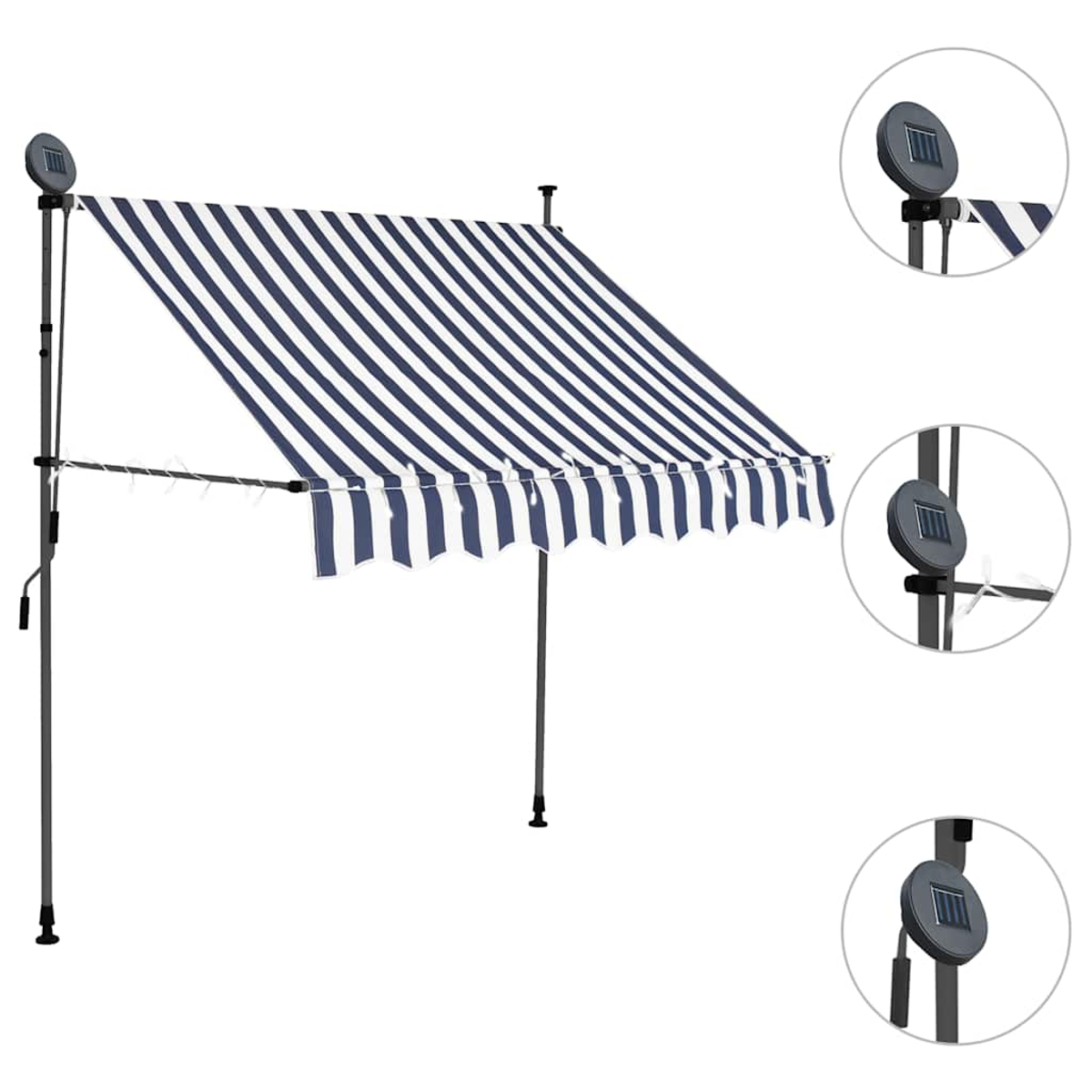 Eine gestreifte Markise mit Solarpanel-Leuchten. Die Markise hat blau-weiße Streifen und ist an Stangen befestigt.
