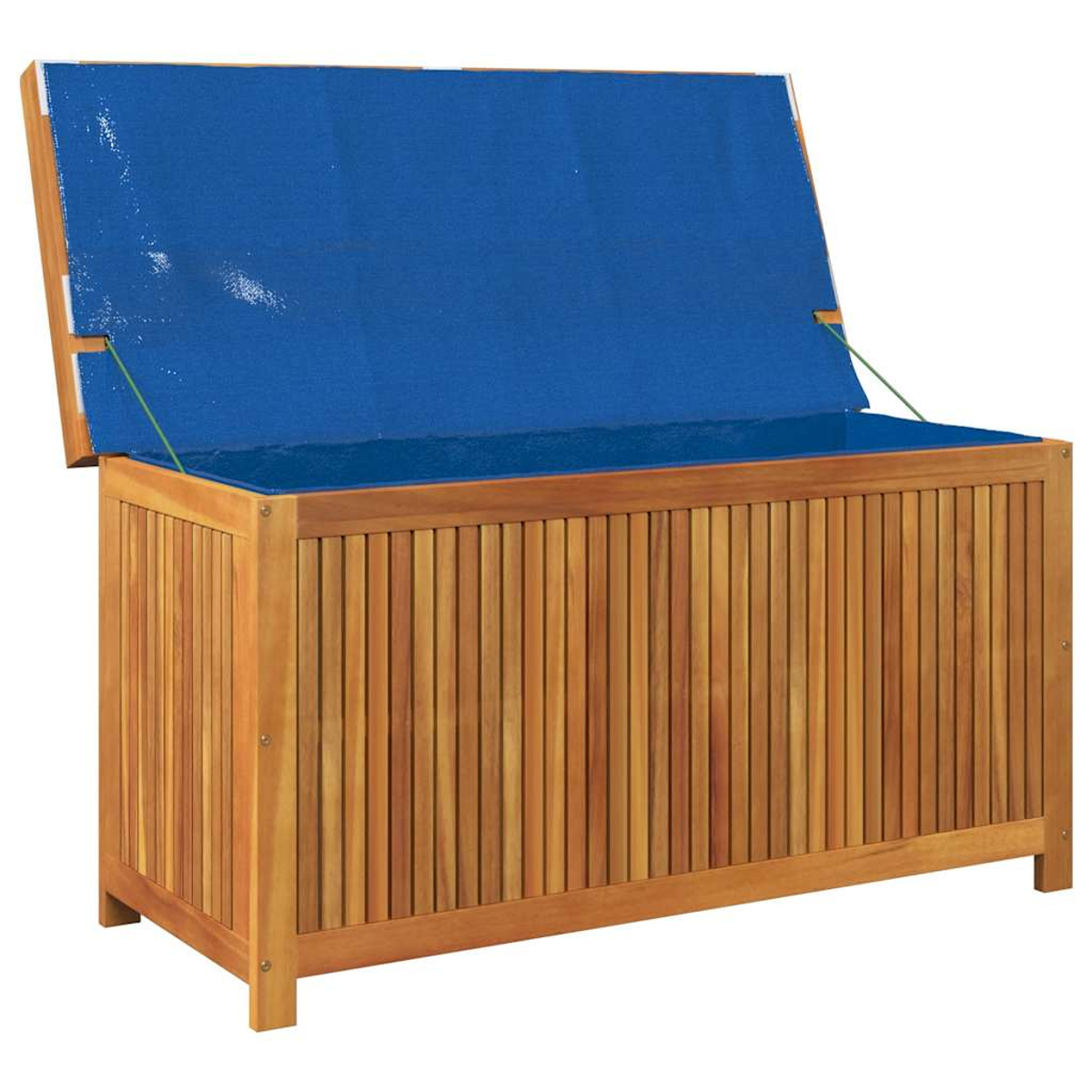 Holz-Outdoor-Aufbewahrungsbox mit blauem Innenraum und offenem Deckel.