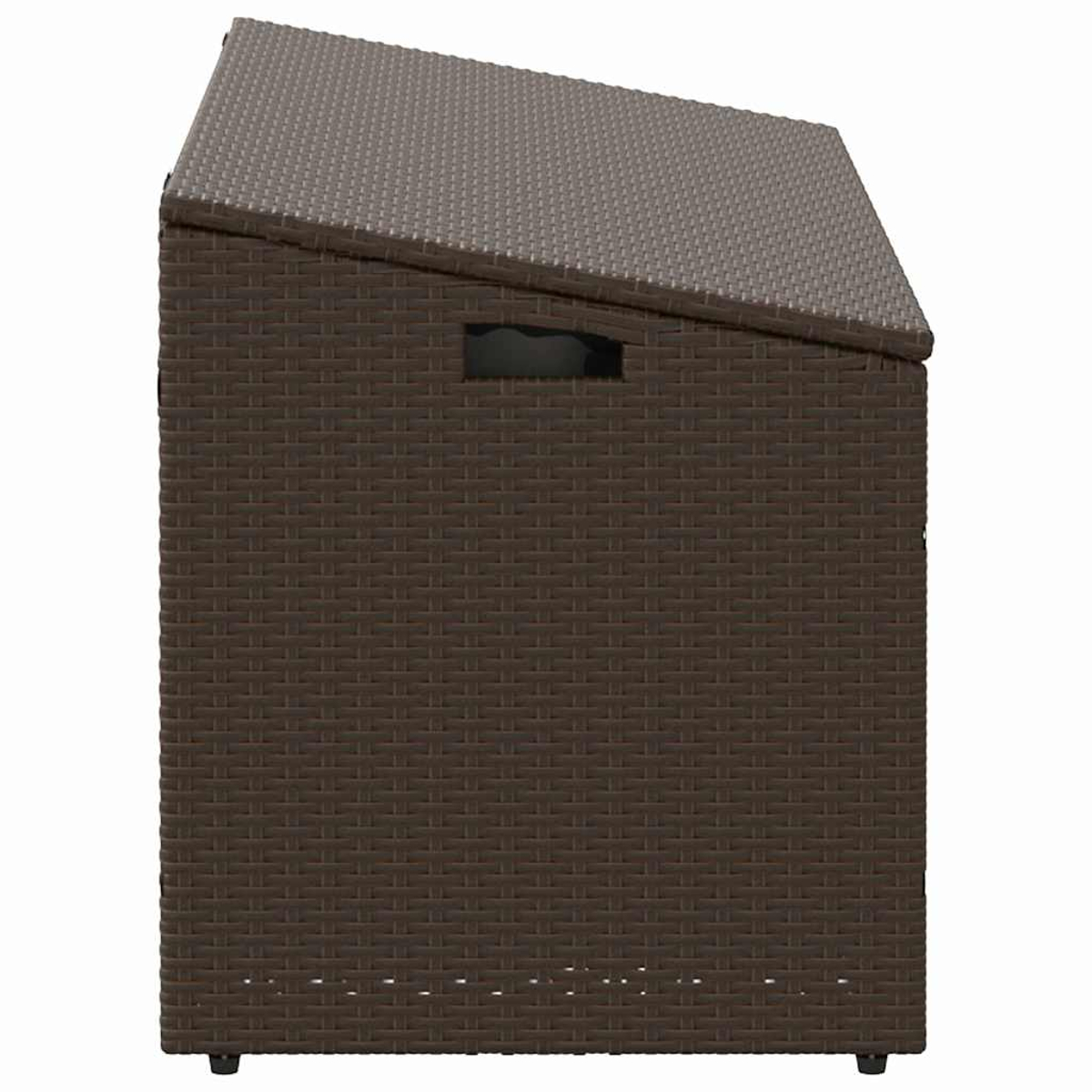 Eine braune Aufbewahrungsbox aus Korbgeflecht mit schräger Oberseite. Sie hat einen Griff an der Seite.