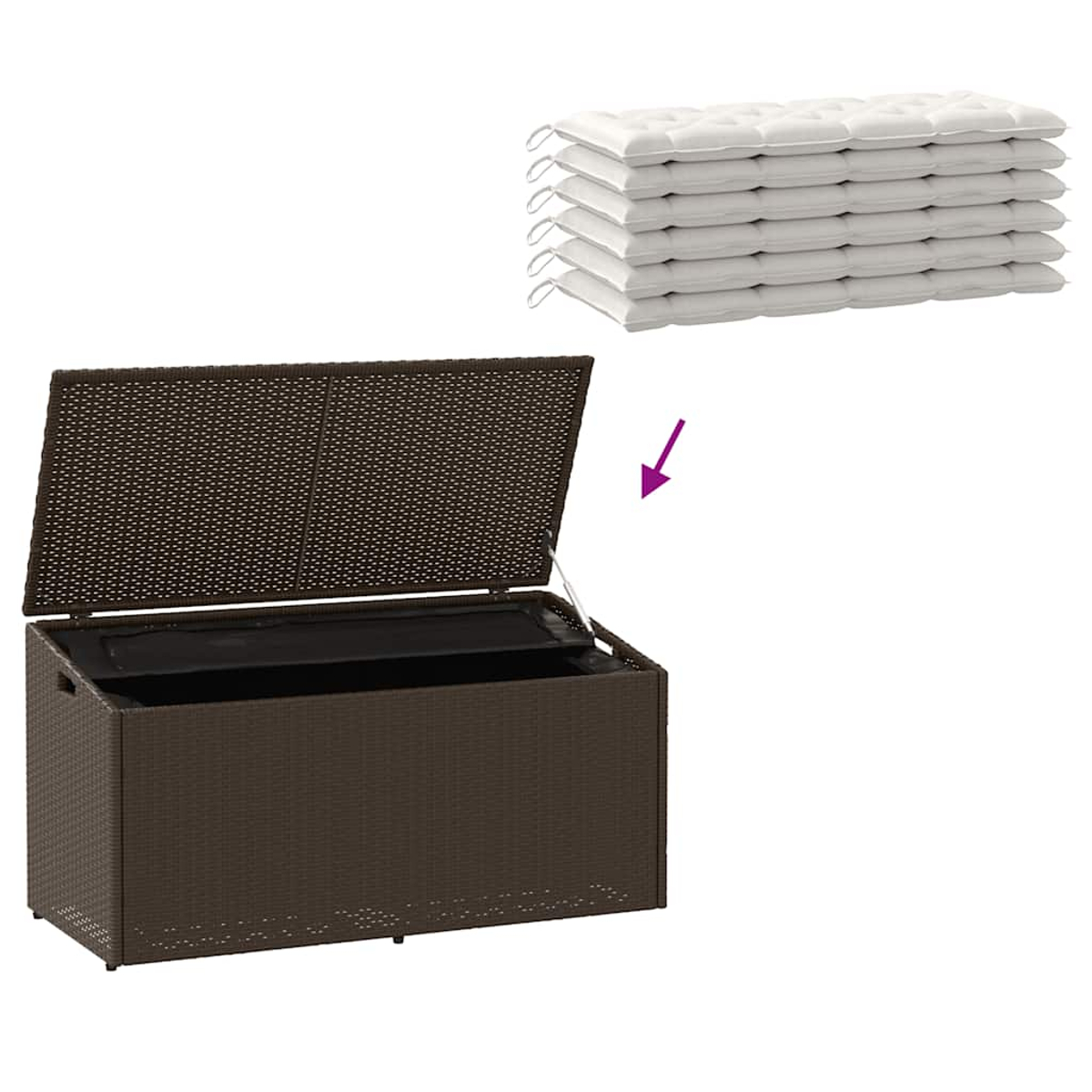 Braune Aufbewahrungsbox aus Korbgeflecht mit offenem Deckel, neben einem Stapel weißer Kissen. Pfeil deutet auf Kissen.