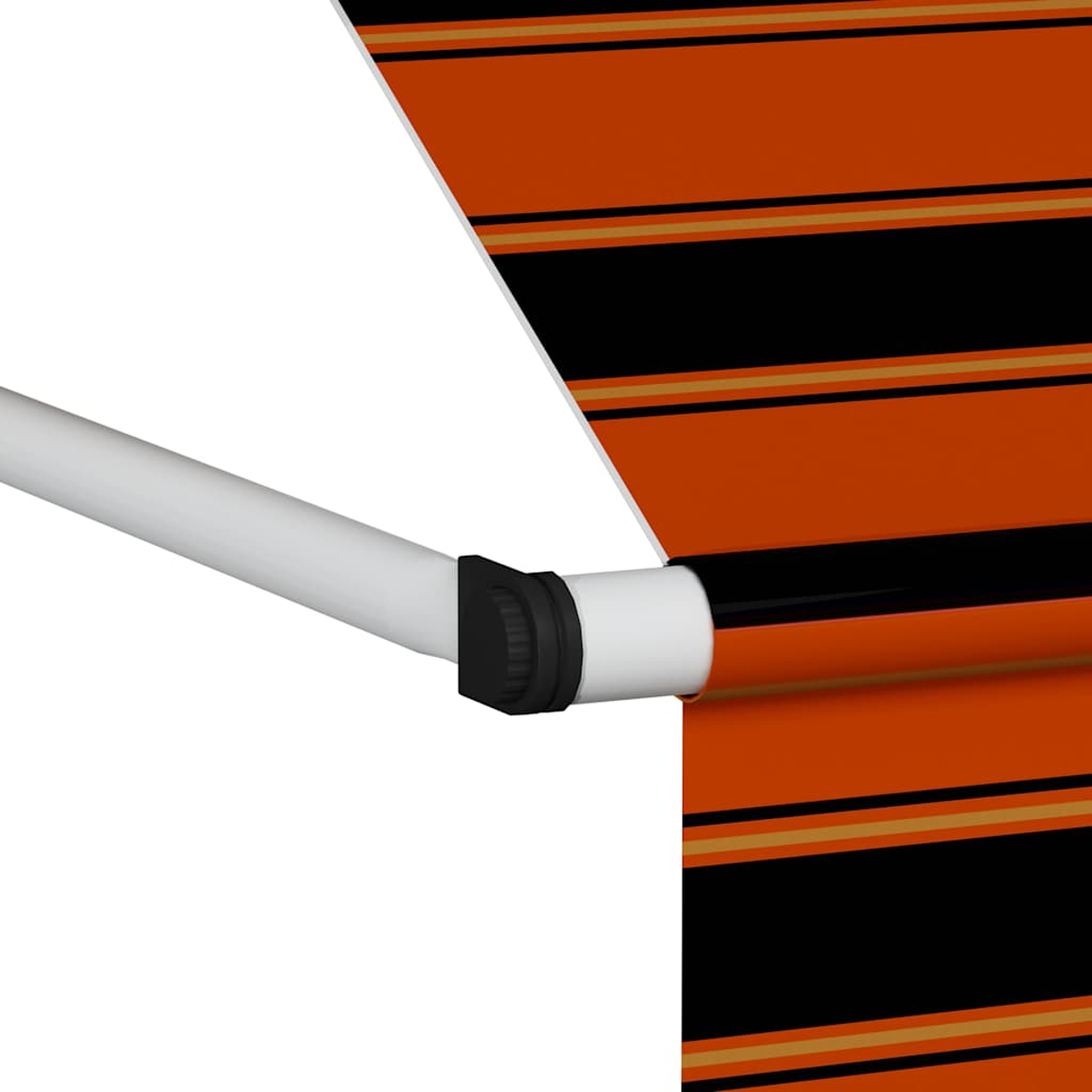 Nahaufnahme eines orange-schwarz gestreiften Markisenstoffs mit weißer Stange und Halterung.