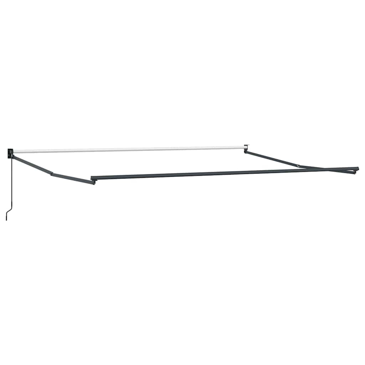 Una tenda da sole aperta con un braccio di supporto bianco. La tenda è grigia e si estende orizzontalmente.