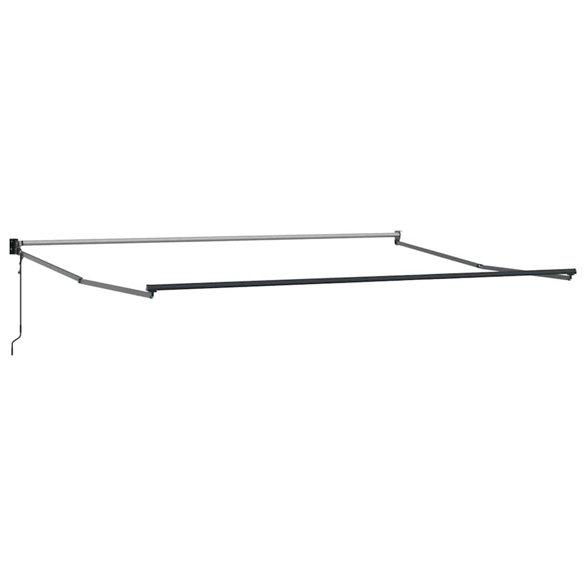 Un telaio staccato di una tenda da sole, con barre di supporto e un cavo.