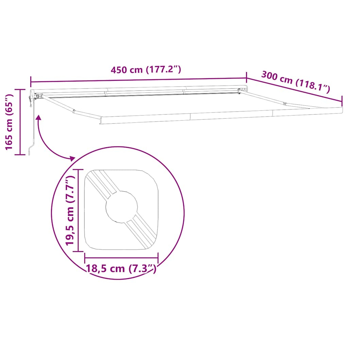Una tenda da sole con dimensioni. Ha una manovella e misure.