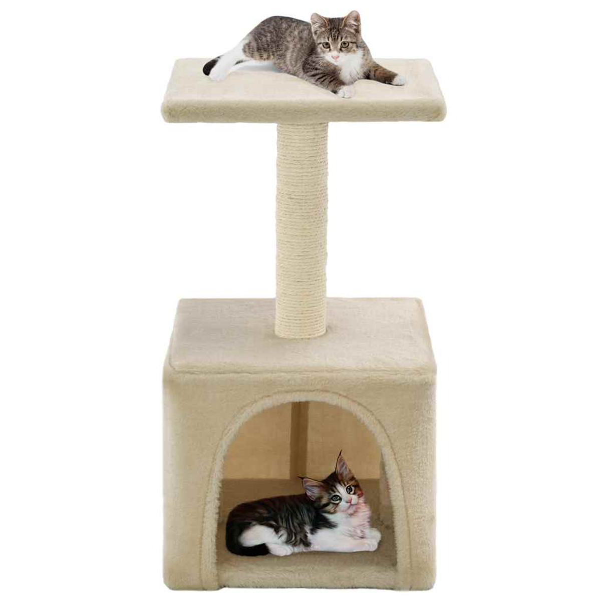 Ein Katzenbaum mit zwei Katzen, eine oben und eine in der Basis.