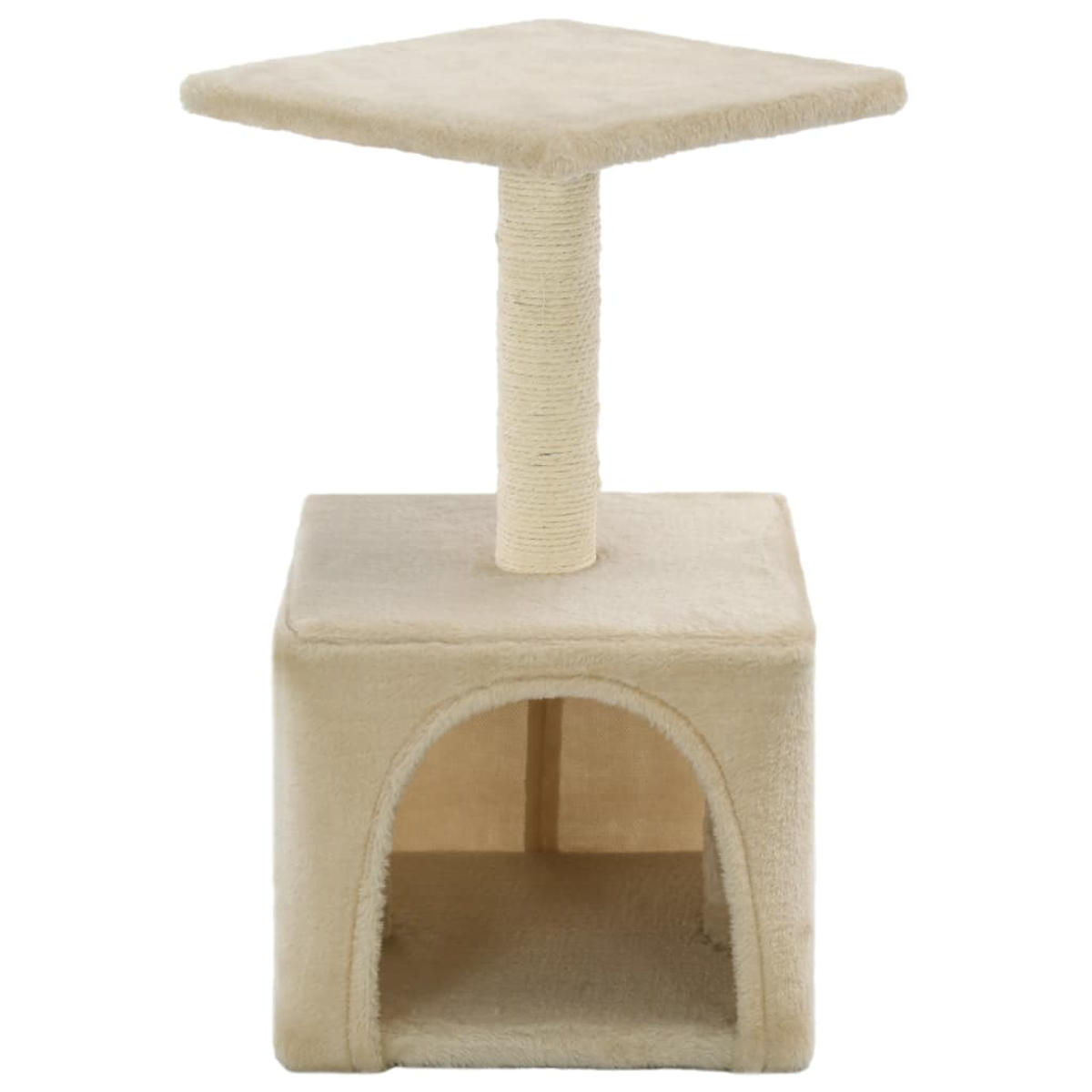 Ein beiger Katzenbaum mit quadratischer Spitze, Pfosten und Höhle.