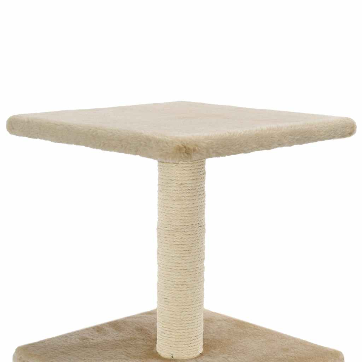 Katzenbaum mit beigefarbenen Teppichoberflächen und quadratischer oberer Plattform.