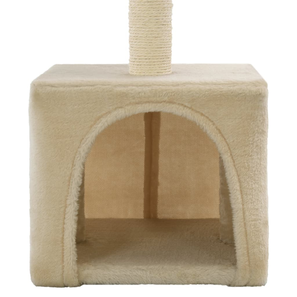 Ein beiger Katzenbaum mit quadratischer Basis, gewölbtem Eingang und Kratzpfosten aus Sisal.