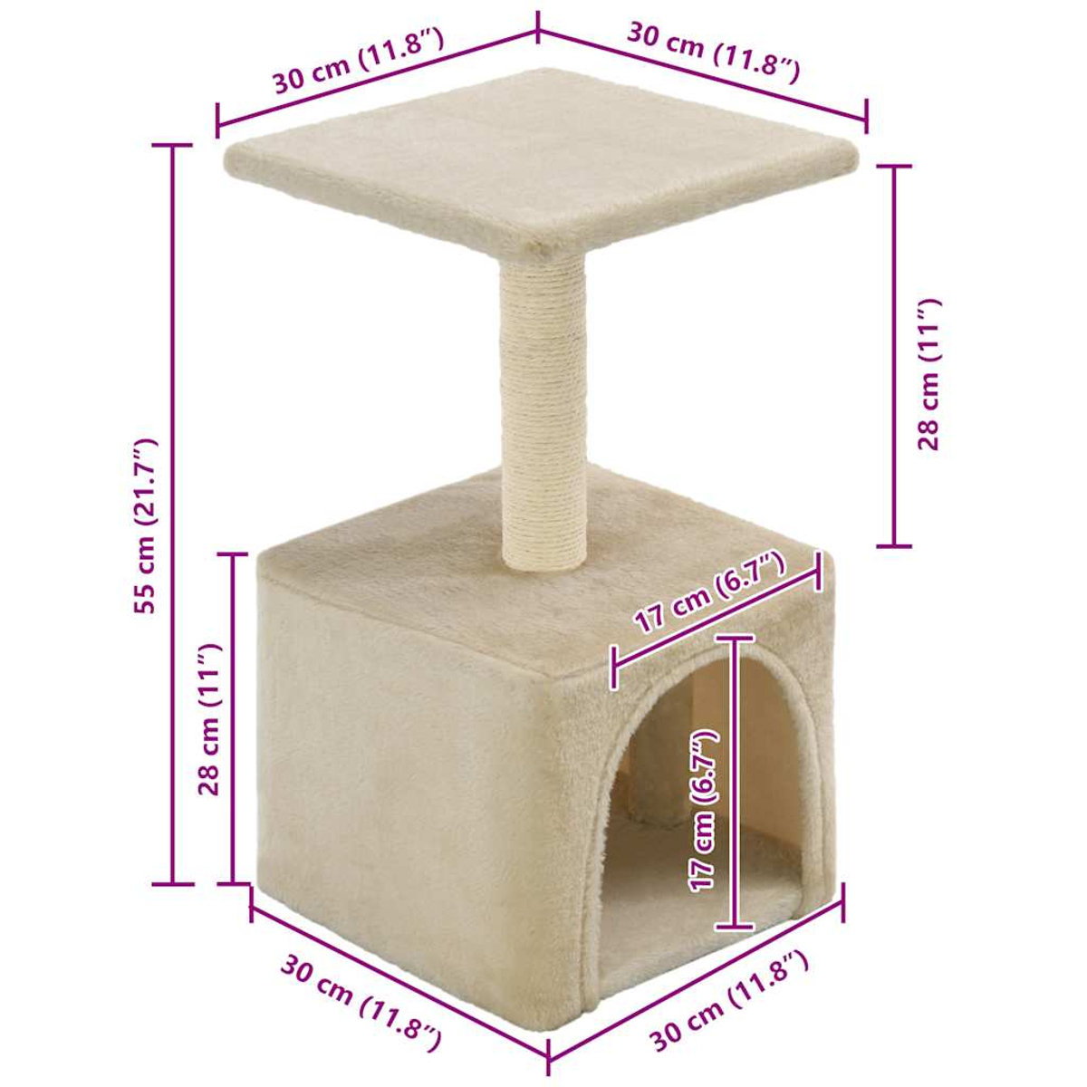 Abmessungen eines Katzenbaums mit Höhle, Pfosten und Plattform.