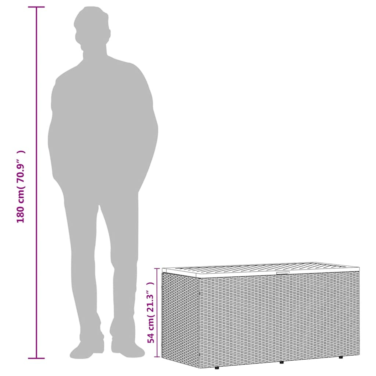 Eine Person steht neben einer grauen Aufbewahrungsbox, mit Maßen.