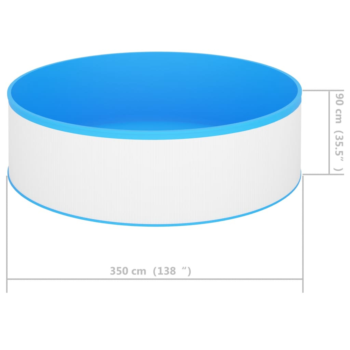 Runder Pool mit Bemaßungen. Der Pool ist blau und weiß. Der Durchmesser beträgt 350 cm, die Höhe 90 cm.