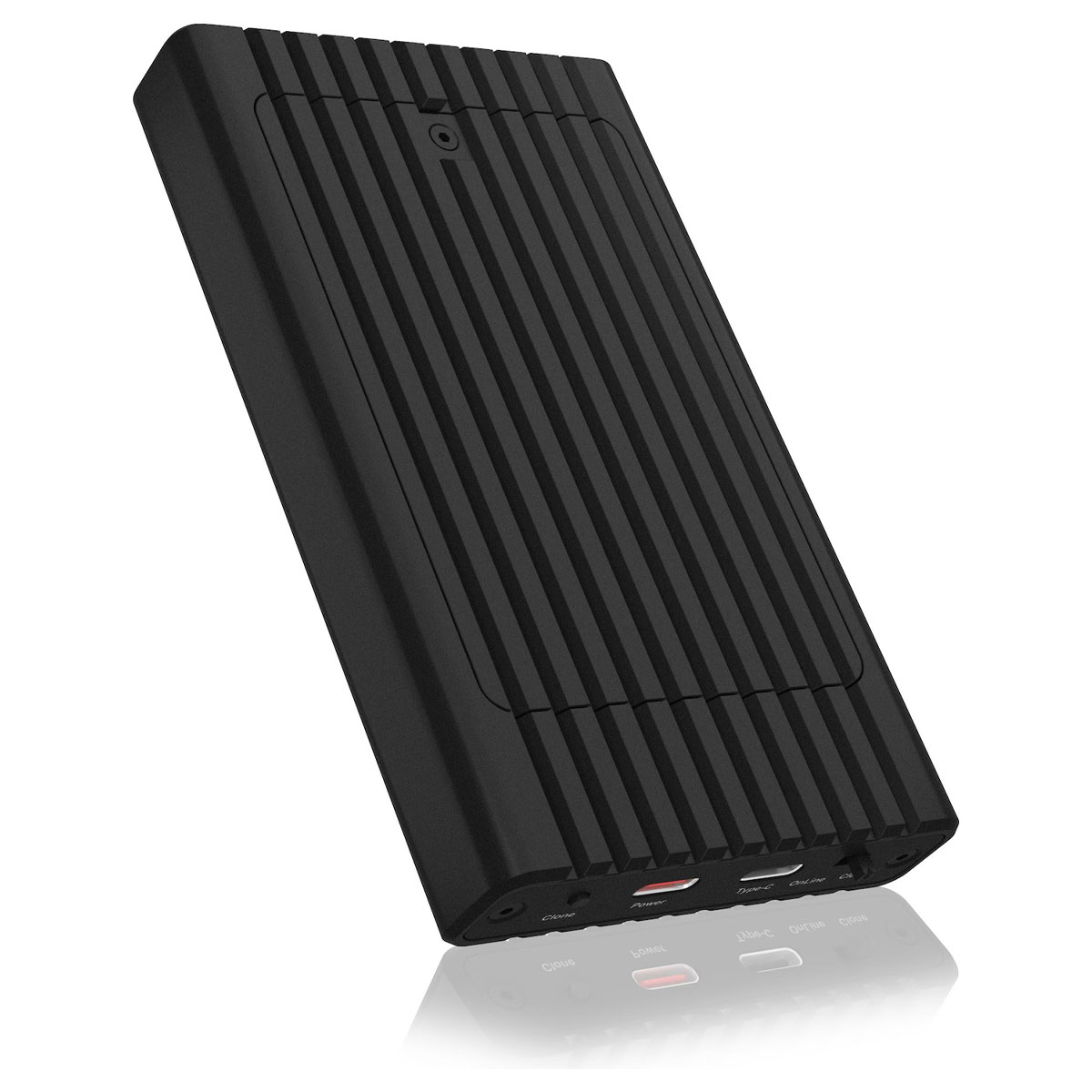 Czarny, żebrowany zewnętrzny dysk twardy. Posiada porty po bokach, w tym USB-C, zasilanie i micro USB.